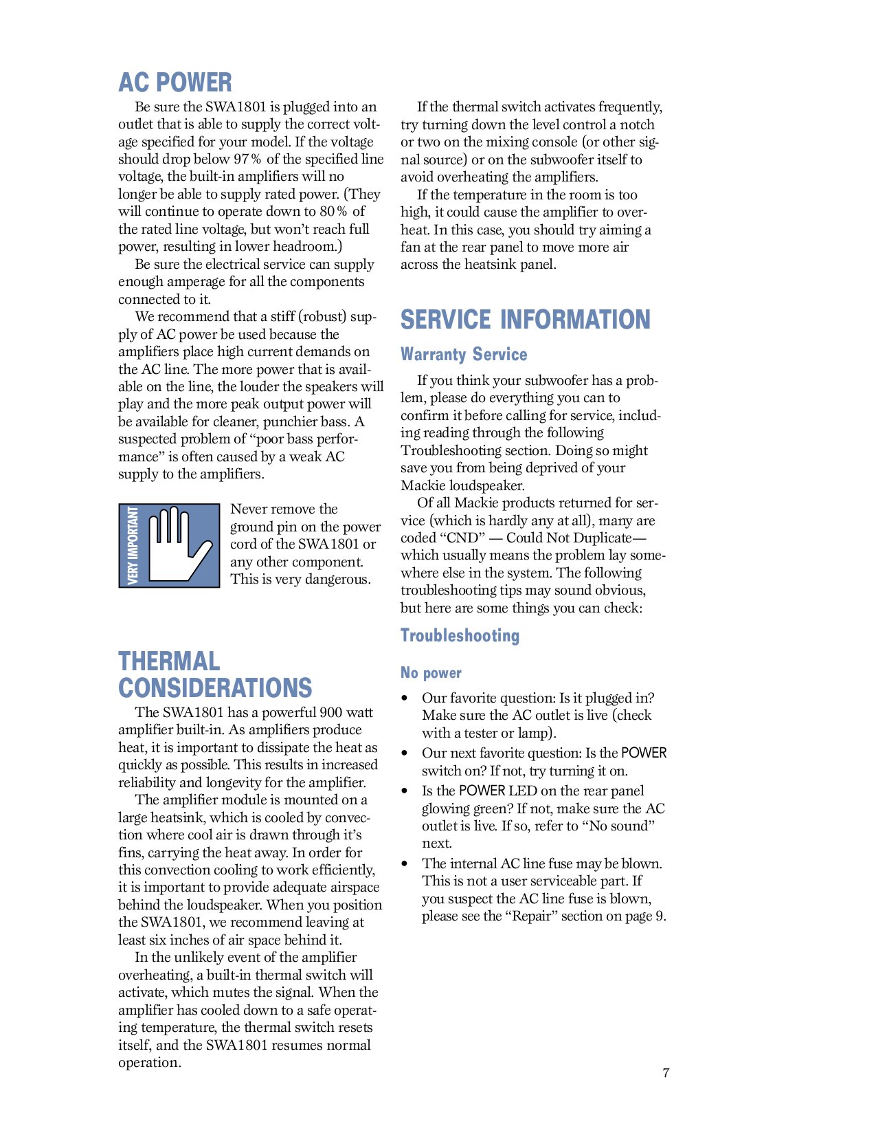 PDF manual for Mackie Subwoofer SWA1801
